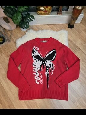 CECANY Red Butterfly Drip Graphic Knit Sweater - Size XL - Made in Turkey